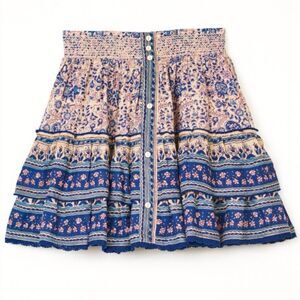 M.A.B.E. NWT Cass Print Mini Tiered Skirt Multi 100% Cotton Boho Chic Gypsy sz L